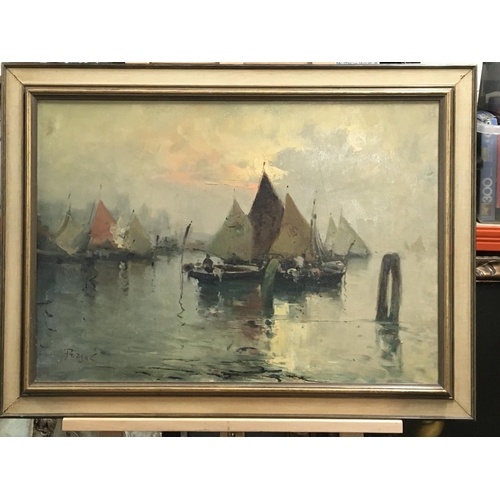 49 - A Continental oil painting on canvas study of sailing boats signed lower left. Possible Antonelli Pe... 