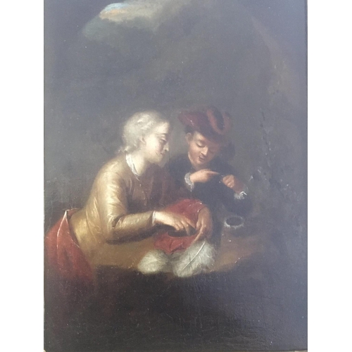 5 - A late 18th Century oil painting on canvas two youths with feather hat seated at a rustic table late... 