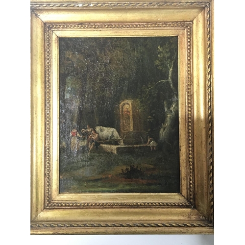 52 - Two framed early 19th century oil paintings on canvas study of figures by a carved stone water troug... 