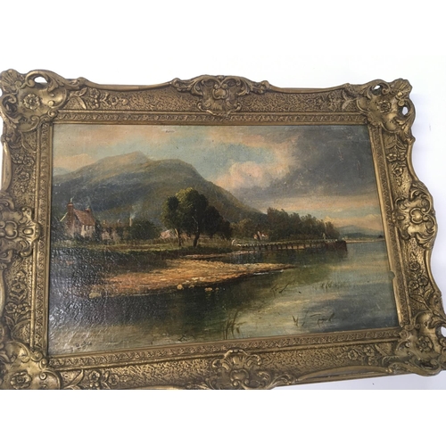 53 - A framed oil painting on canvas British 19th century landscape with a river and buildings Indistinct... 