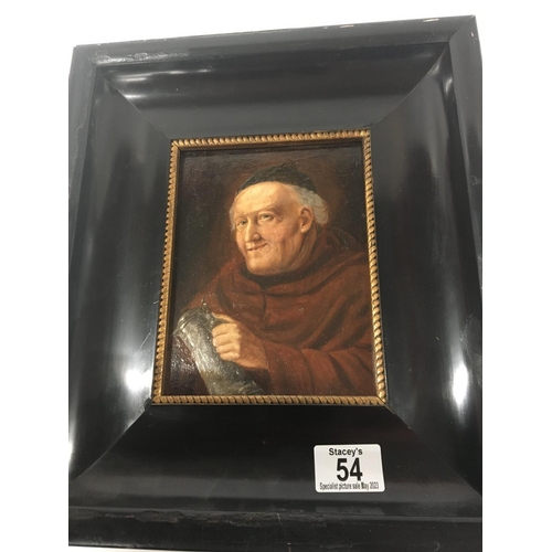 54 - A 19th century framed oil painting on panel circa Study of a Monk holding a pewter tankard German In... 