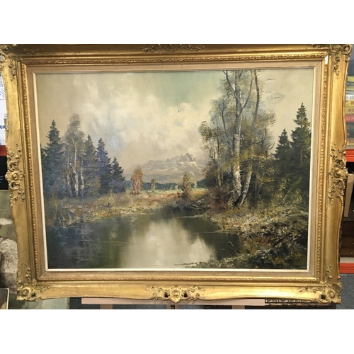 58 - A gilt framed 20th Century oil painting on canvas Continental scene with tree and mountains beyond.
... 