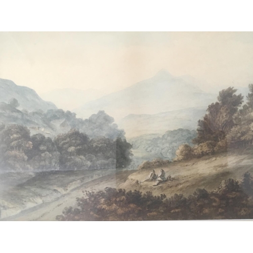 6 - A framed late 18th or early 19th century watercolour figures on a hill side. Unsigned in the style o... 