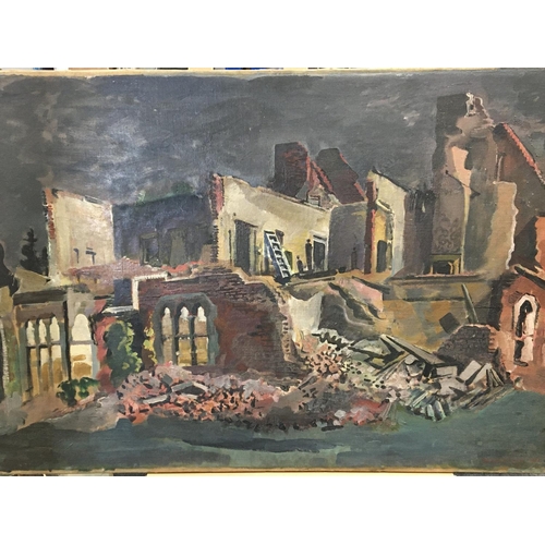60 - An unframed mid 20th century oil painting study of bombed World War II buildings. Signed by Kennith ... 