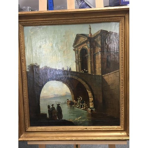 68 - A framed oil painting on canvas study of ancient Roman bridge with later figures washing clothes on ... 