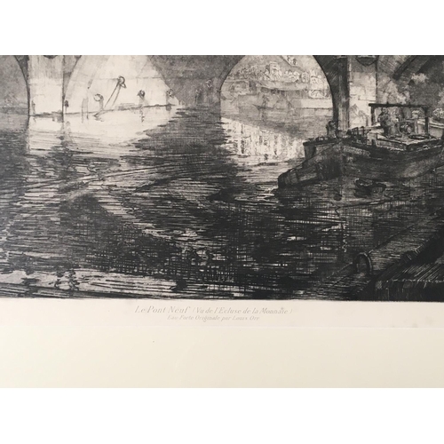 69 - A large framed etching a study of the 17th Century bridge at Toulouse Le Pont Neuf. 73x87cm