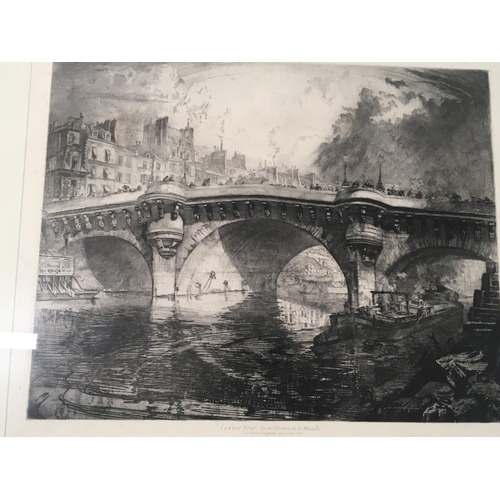 69 - A large framed etching a study of the 17th Century bridge at Toulouse Le Pont Neuf. 73x87cm