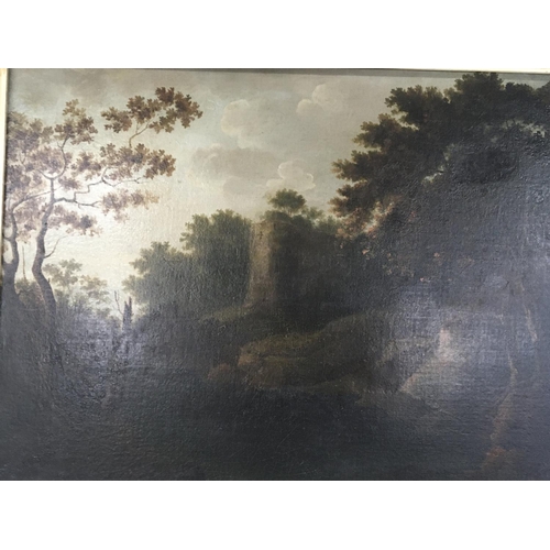 72 - A framed early 19th century oil painting on canvas a rural view with castle ruins possible a view of... 