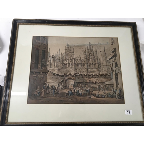 74 - A framed 19th century coloured print a study of a street market Rouen France circa 1825 83x67cm