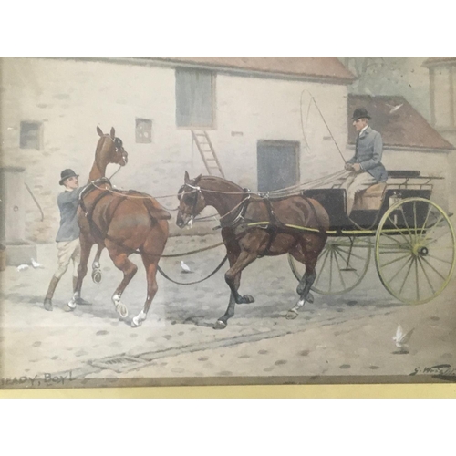8 - A framed watercolour study of a horse drawn carriage entitled Steady boy signed G Wright.