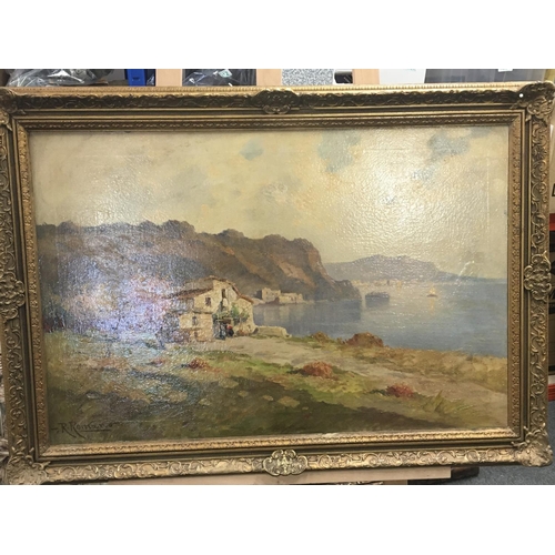 84 - A framed oil painting. A distant study of the bay of Naples with traditional buildings. Signed by th... 