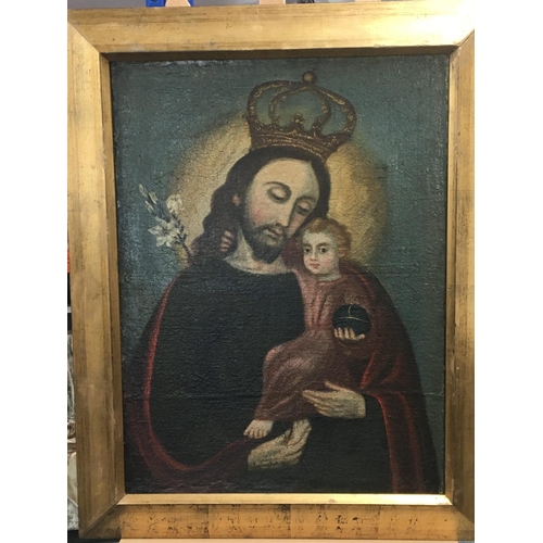 85 - A framed oil painting study of Jesus holding a child. The Soul of the Virgin, inspired by the Byzant... 