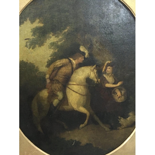 87 - A framed early 19th century oil painting in an oval study of a horse and rider with a figure on a pa... 