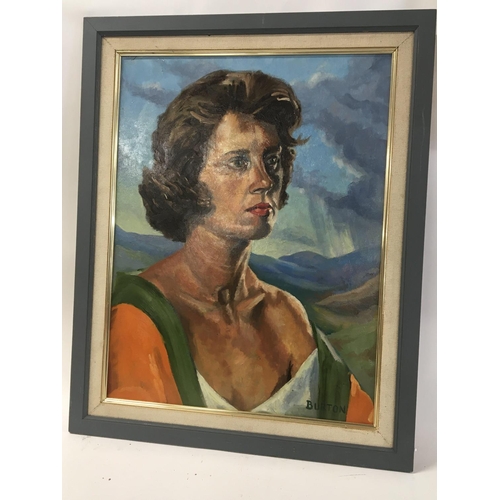 89 - A Modern mid 20th century oil painting on board portrait of a woman signed Burton. 57x71cm