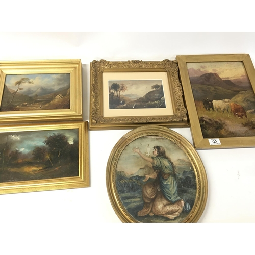 92 - A collection of five small framed oil paintings including a view of North Italy on panel an Early 19... 