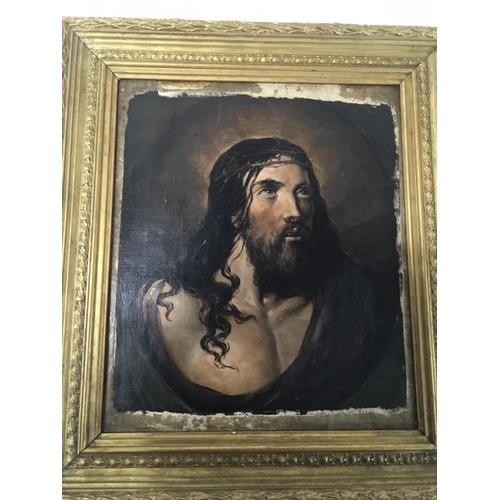 93 - A gilt framed oil painting on canvas study of Christ the resurrection wearing the crown of thorns.un... 