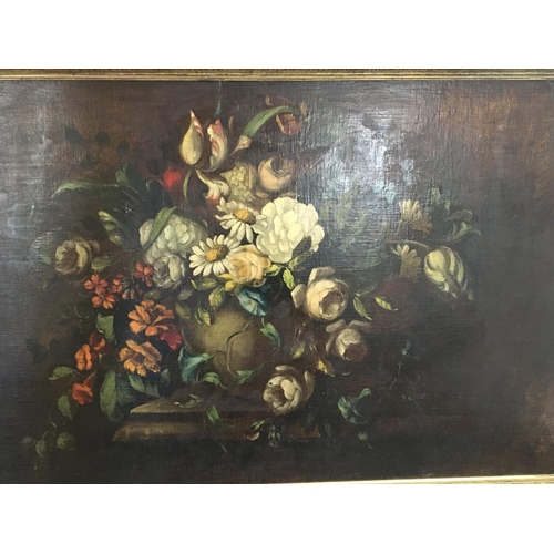 98 - A large oil painting on panel still life study of flowers in an urn unsigned and unattributed. Lengt... 