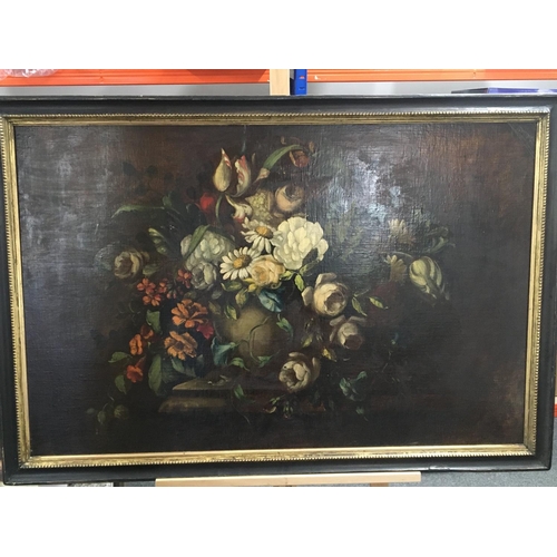 98 - A large oil painting on panel still life study of flowers in an urn unsigned and unattributed. Lengt... 