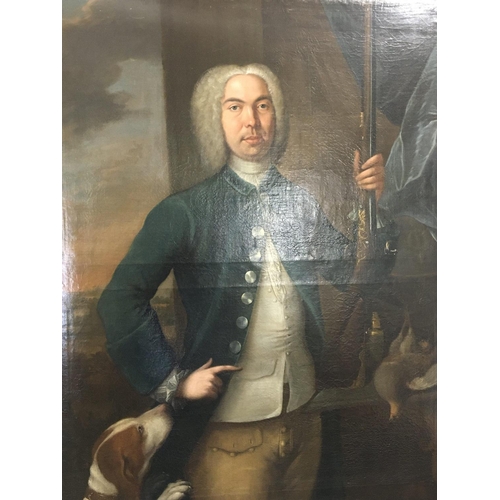 99 - A large 18th century oil painting on canvas  portrait of a Gentleman holding a flintlock rifle with ... 