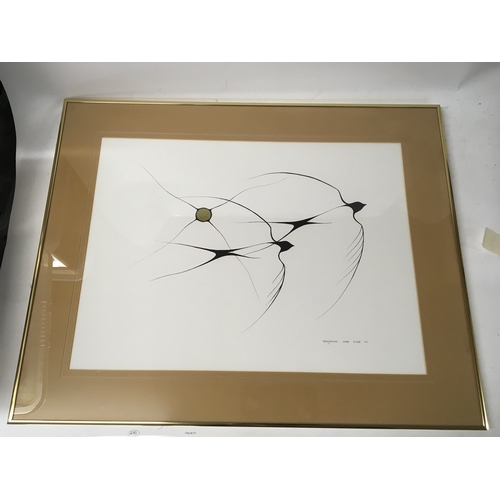 253 - A Contemporary framed ink and gold picture flying birds by Benjamin Chee Chee. 67x62cm