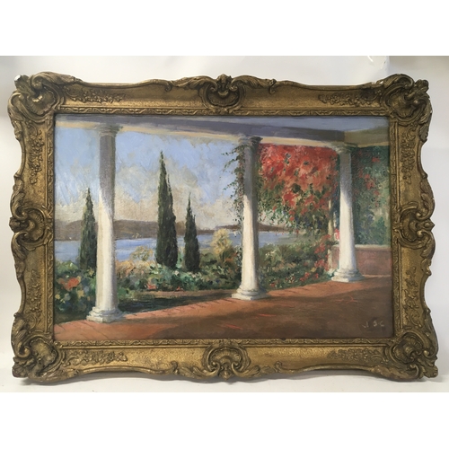 185 - An interesting framed oil painting a view of an Italian loggia with Tuscan Roman pillars and a perfu... 