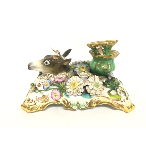 1114 - Ceramic inkwell with floral decoration and an unusual stag deer head , with some damage. Unmarked. P... 