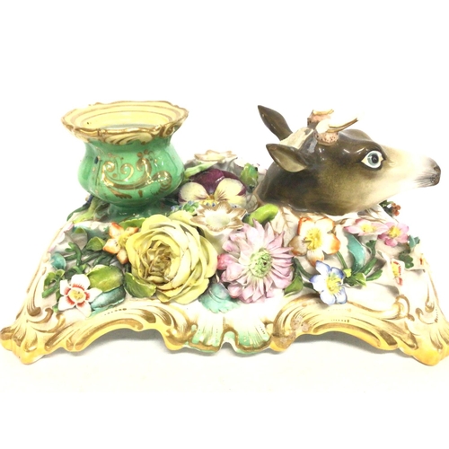 1114 - Ceramic inkwell with floral decoration and an unusual stag deer head , with some damage. Unmarked. P... 