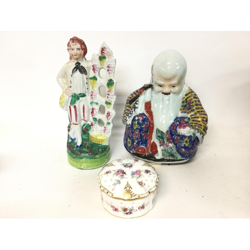 1122 - Royal crown derby porcelain dish, a late republic Chinese Buddha and a glass Staffordshire figure NO... 