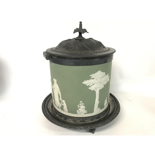 1131 - An early 20th century green wedgewood biscuit barrel with plated mounts and a small pot. NO RESERVE