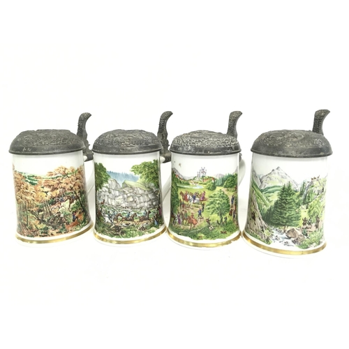 1139 - Vintage German Franklin pewter lidded ceramic steins with various illustrated country scenes, approx... 