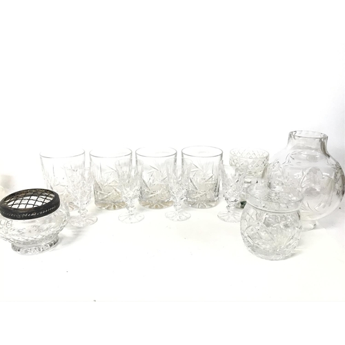 1173 - A set of cut glasses, a lidded glass jar, clear glass floral shade etc, cat d postage NO RESERVE