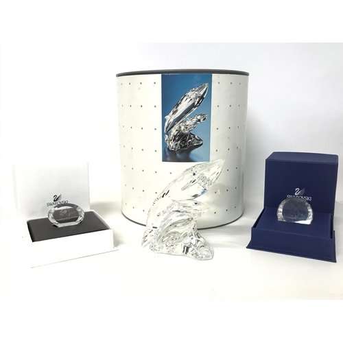 1214 - Boxed Swarovski Care for me Whale figurine and two Swarovski paperweights, postage cat D no signs of... 