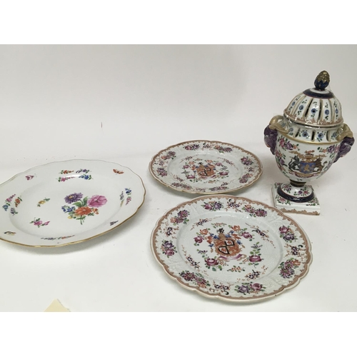 1230 - Two French Sampson Armorial plates a conforming pot porri damaged lid and a Meissen porcelain plate ... 