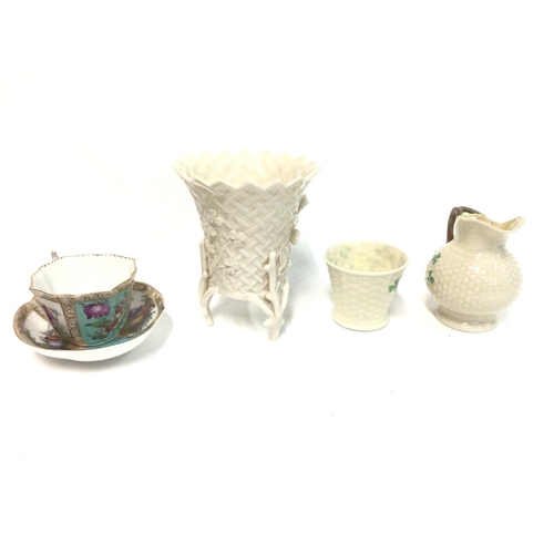 1316 - Three items of Belleek porcelain and a dresseden cup and saucer. Damage observed to saucer see last ... 