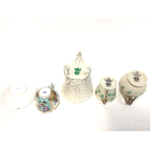 1316 - Three items of Belleek porcelain and a dresseden cup and saucer. Damage observed to saucer see last ... 