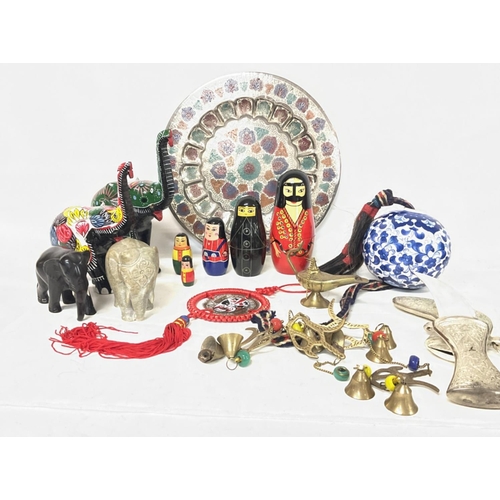 1510 - Modern Middle Eastern ornaments consisting of elephant figures, a Kutahya Turkish ceramic ball, a Ja... 