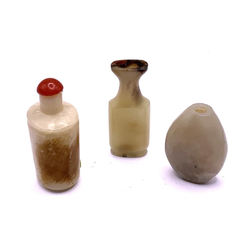 1531 - 3 small carved jadeite snuff bottles. 5cm.