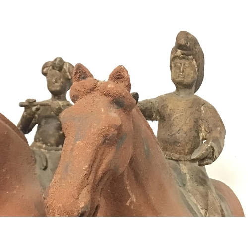 1539 - Antique styled Chinese musicians on horseback , approximately 40cm tall.