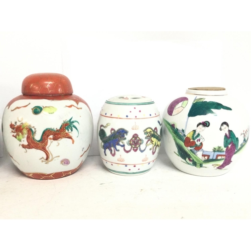 1545 - Five ceramic modern design Chinese ginger jars with depictions of floral artwork, Dragons and tradit... 