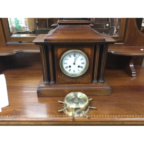 1603 - An Edwardian inlaid mahogany mantle clock and a small brass cased wall barometer (2). Shipping categ... 