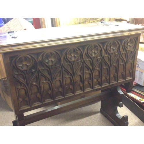 1653 - Oak dresser table & a oak sideboard with decorative carvings