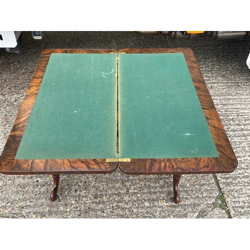 1657 - A Victorian Walnut inlaid folding topped card table with stretcher base. 92 x 45 x 70cm. (D).