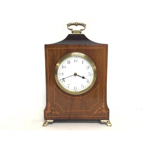 1662 - Edwardian mahogany clock with brass handle and feet with French drum movement, working order. 26cm t... 