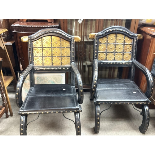 1676 - A pair of modern stud and gilded wood modern Middle Eastern open arm chairs , 61x51x82cm approximate... 