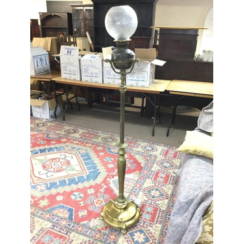 1680 - Vintage brass telescopic electric lamp with a frosted white shade, approximately 163cm tall. NO RESE... 