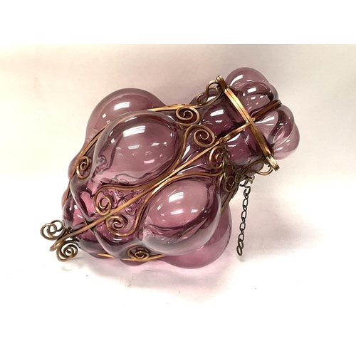 1688 - A 1970s Italian hand blown amethyst glass and metal worked hanging lamp. 39cm.