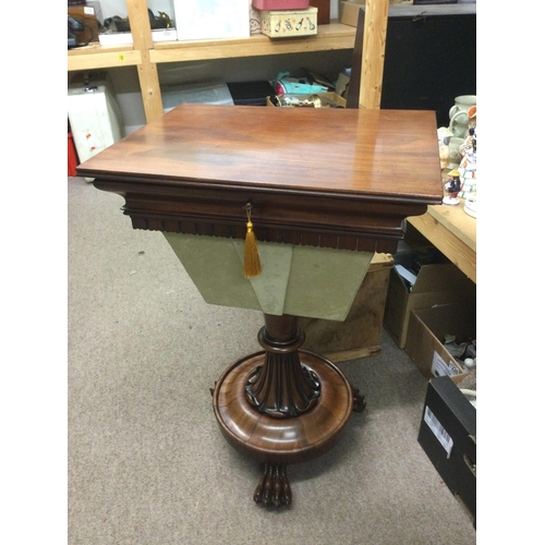 1729 - A Victorian mahogany sewing box on stand, approx 75cm x. 52cm x 40cm. Shipping category D.