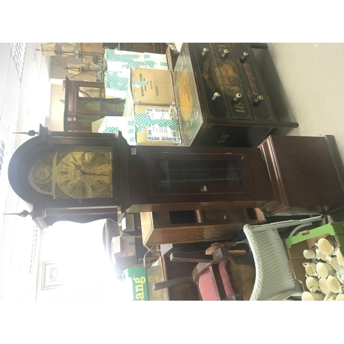 1739 - A Mahogany reproduction long case clock with visible weights the brass dial EJ Goodfellow Wadebridge