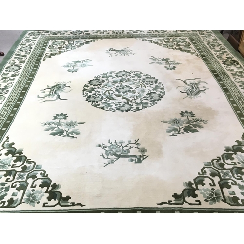 2429 - Chinese green and cream carpet , 8x14 foot approximately. postage cat D