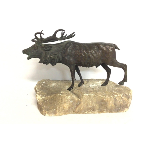 807 - A bronze figure of a Stag on a rock base. Postage cat C